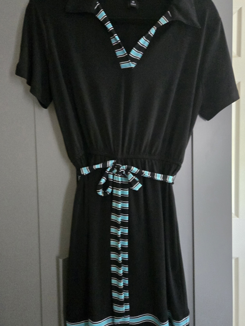 Enfocus Studio Black Dress with Teal & White Striped Trim